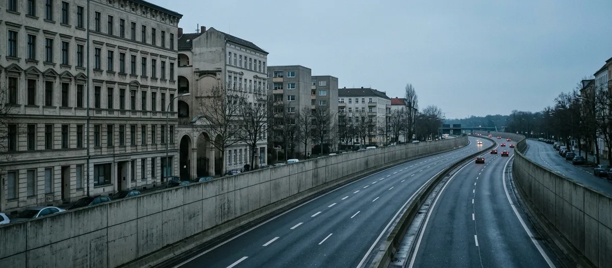 Stadtautobahn im Morgengrauen, links begleitet eine Gründerzeitzeile die Fahrbahn, in der Ferne Rücklichter