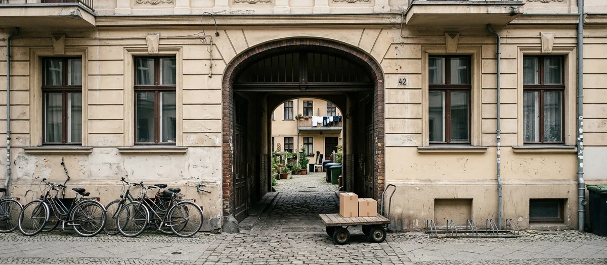 Durchfahrt eines Berliner Mietshauses zum Hinterhof, davor abgestellte Fahrräder und ein Rollwagen mit zwei Kartons