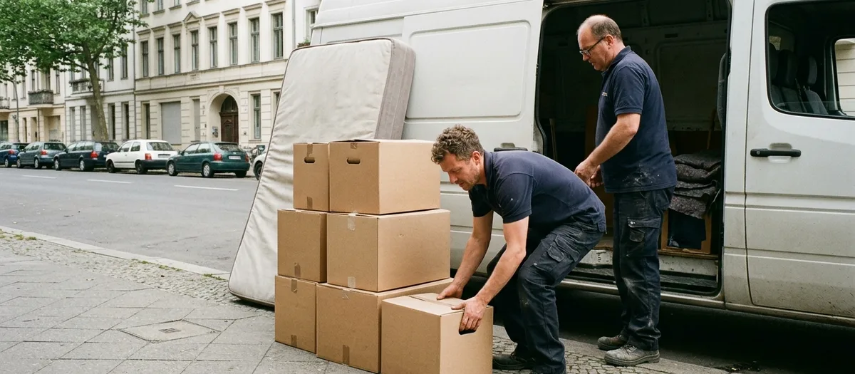 Matratze und gestapelte Kartons auf dem Gehweg neben der offenen Schiebetür eines Transporters, ein Träger greift den untersten Karton