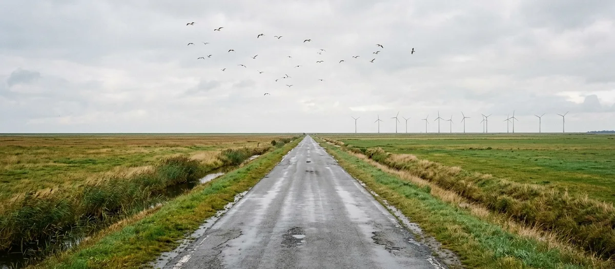 Schmale Straße durch flaches Küstengrünland, am Horizont Windräder, darüber ein Schwarm Möwen