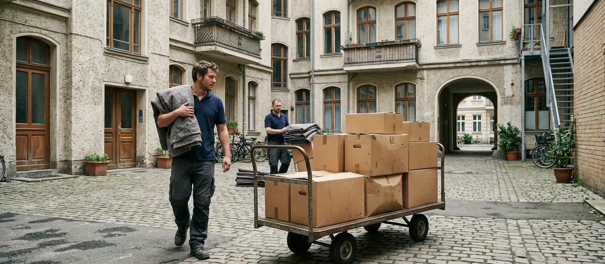 Rollwagen voller Kartons in einem Berliner Hinterhof am Morgen, zwei Träger mit Möbeldecken daneben