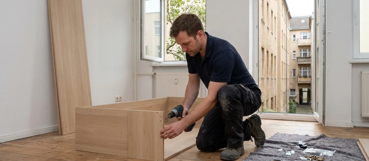 Ein Träger kniet auf Dielen und verschraubt einen Schrankkorpus, die Beschläge liegen auf einer Decke bereit