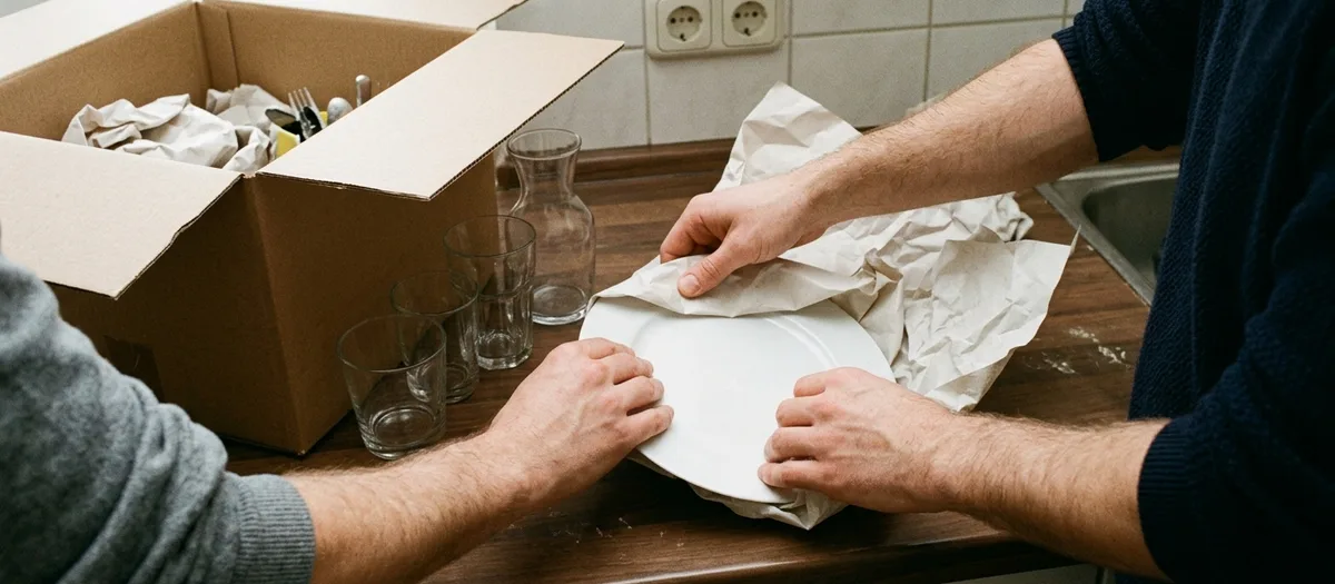 Hände wickeln einen Teller in Packpapier über einer Küchenarbeitsplatte, daneben Gläser und ein offener Karton