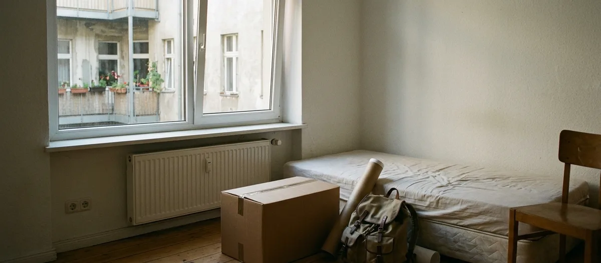 Kleines Zimmer mit einem einzelnen Karton, einer Posterrolle und einem Rucksack neben der nackten Matratze