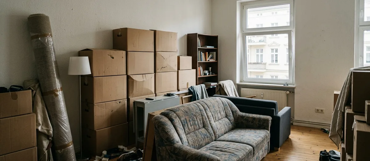 Vollgestelltes Wohnzimmer beim Zusammenziehen: zwei verschiedene Sofas hintereinander, gestapelte Kartons und ein aufgerollter Teppich