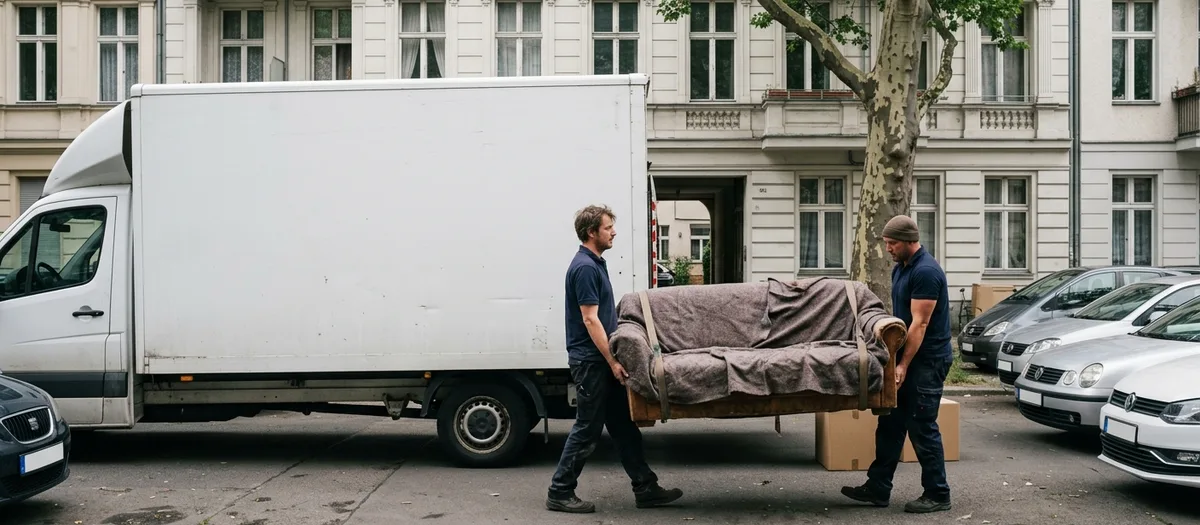 Zwei Träger schieben eine in Decken geschlagene Kommode über die Ladebordwand in den Möbelwagen